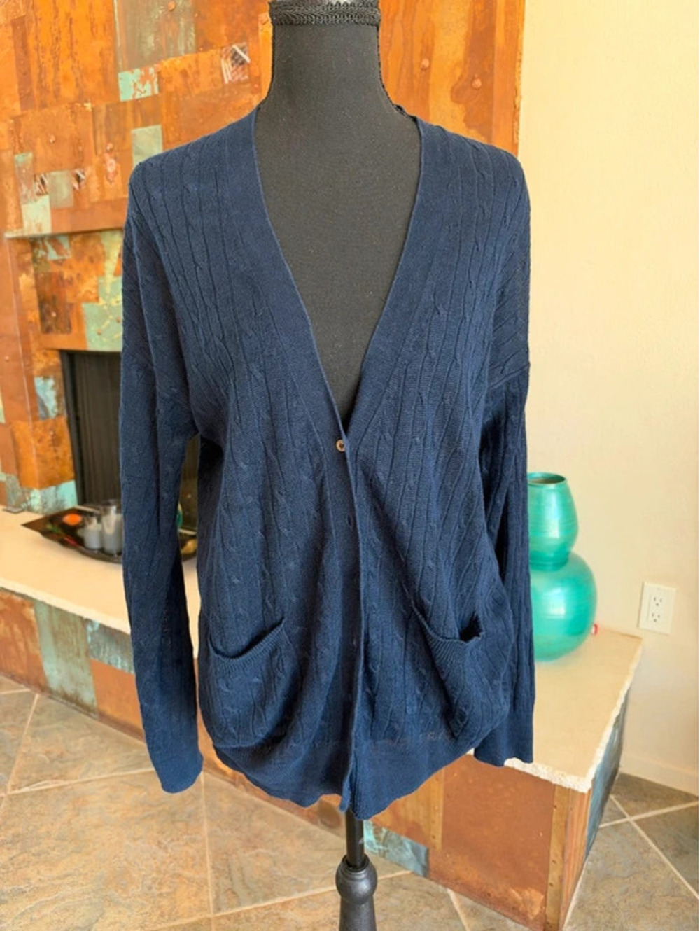 J CREW Navy Blue Linen Cardigan Sweater M Nautical